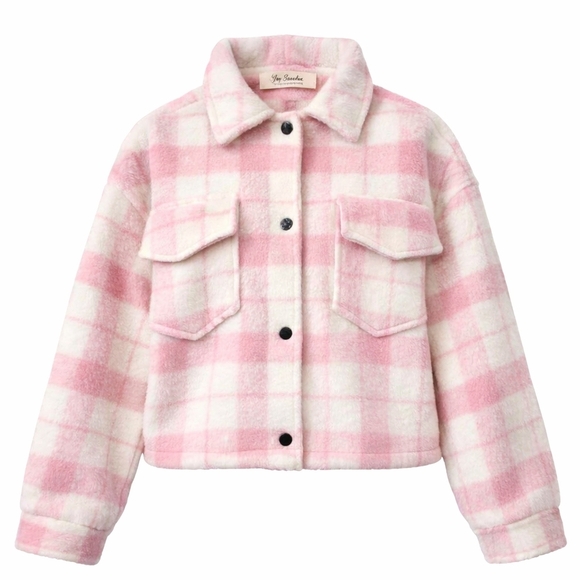 Lyn Burches Jackets & Blazers - Lyn Burches Pink White Plaid Fuzzy Sherpa Shacket Cropped Boxy Jacket M